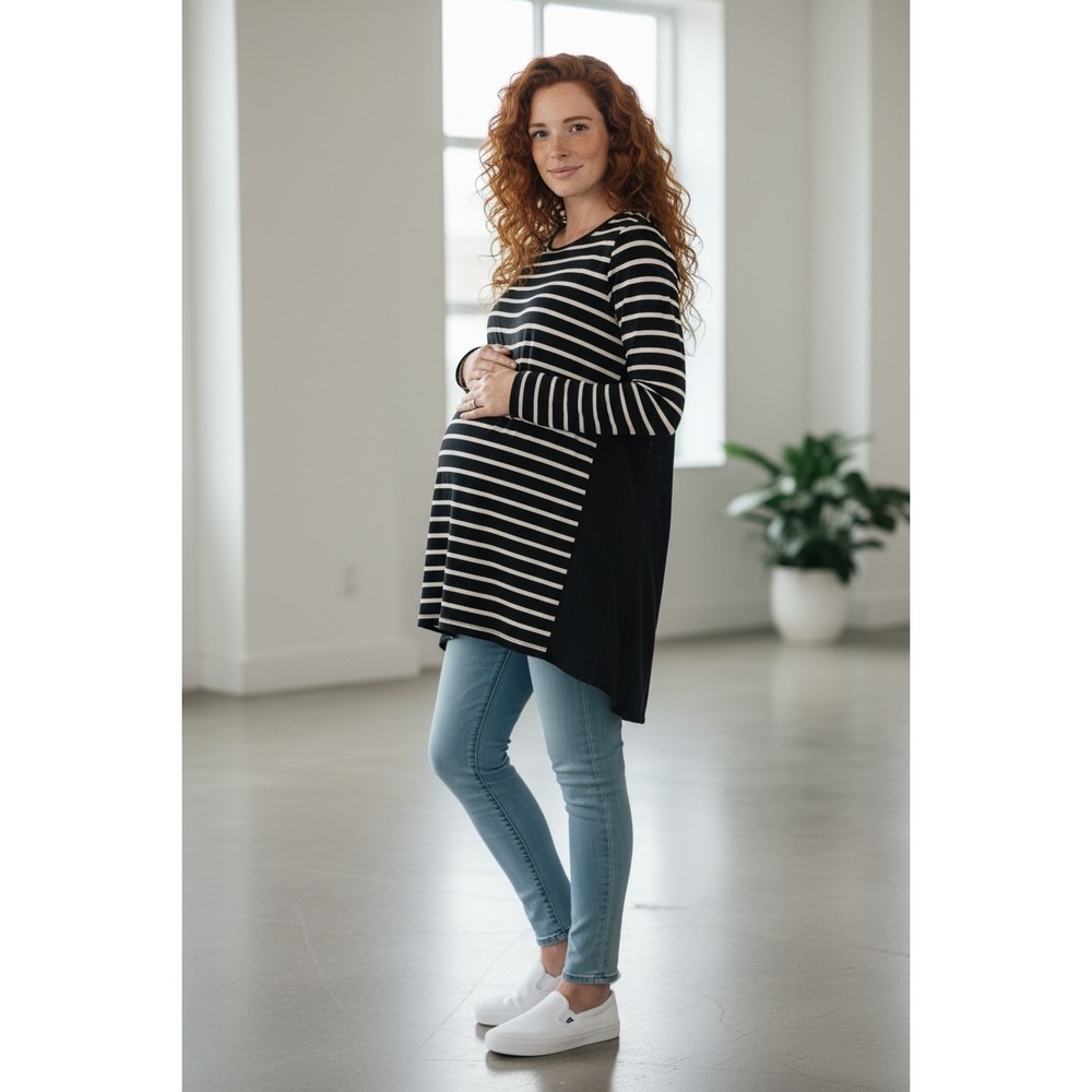 Tutta Bella Maternity XL Striped Mixed Media High Low Tunic Top Black